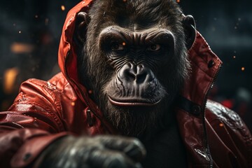 Portrait of a strong gorilla in a red jacket with a hood.