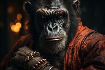 Chimpanzee in a red jacket on a dark background.
