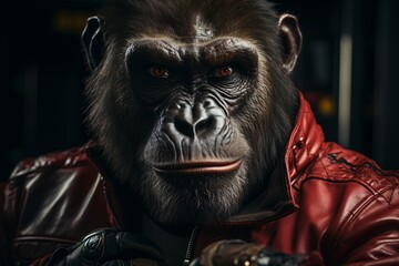 Portrait of a strong male chimpanzee in a leather jacket.