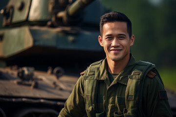 A smiling Vietnamese in army uniform posing in front of a tank in outdoor field 