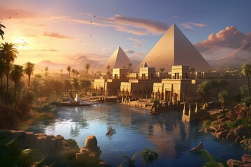 Imaginative Ancient Egypt scenery with river, temples, and digital art, representing a concept illustration. Generative AI