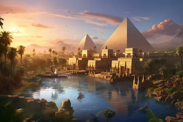Velvet curtains Fantasy Landscape Imaginative Ancient Egypt scenery with river, temples, and digital art, representing a concept illustration. Generative AI