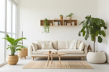 Cozy and contemporary living room with a bright ambiance, featuring a sofa, plant, and white walls. Generative AI