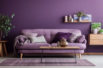 Purple living room with Scandinavian interior and sofa. Generative AI