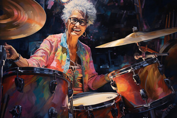 An illustration painting of a senior Caucasian woman is enjoy playing drum with joyful satisfying expression 