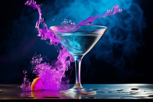 Vibrant martini cocktail splashes in a backdrop of smoky blue and purple. Generative AI