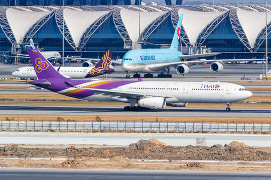 Thai Airways Airbus A330-300 airplane at Bangkok Suvarnabhumi Airport in Thailand