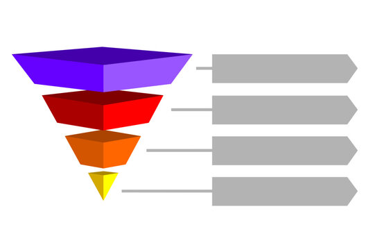 Infographic illustration of purple with yellow with orange and red triangles divided and space for text, Inverted pyramid shape made of four layers for presenting business ideas or disparity