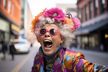 Photo of an elderly woman wearing a hat made of colourful flowers with an eccentric expression on her face created with Generative AI technology - Powered by Adobe