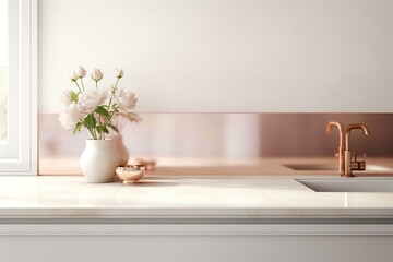 Fototapeta na wymiar Rose gold kitchen with white wall and countertops. Close up view of 3D rendering. Generative AI