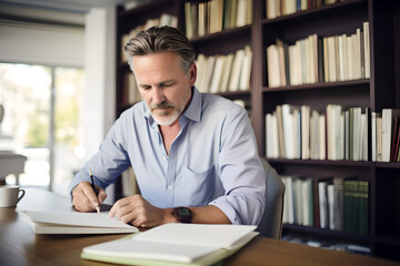 Old man writer sitting at workplace in office writing writing a book, focused senior male author working on library