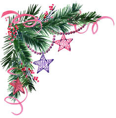 Christmas corner with pine tree, stars, berries and ribbon. Png hand painted watercolor design element