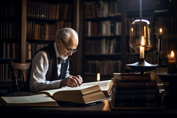 Old man writer sitting at workplace in office writing a book, focused senior male author working on library