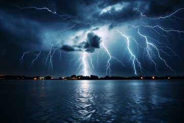 Naklejka na ściany i meble Dark sky with storm clouds, lightning striking over the water. Generative AI