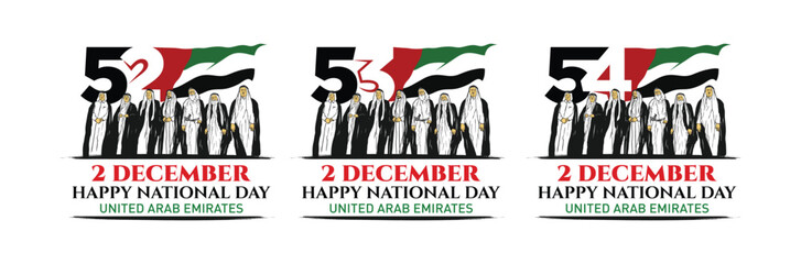 National Day of United Arab Emirates. 52, 53, 54. Text Arabic Translation: Our National Day. December 2. UAE map symbol. Vector Logo. Eps 08. 