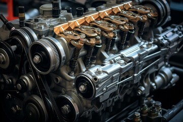 Detailed view of diesel engine maintenance, showcasing injectors and camshaft. Generative AI - obrazy, fototapety, plakaty