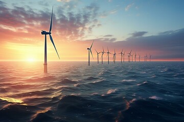 Dawn view of offshore wind farm with turbines harnessing wind energy for clean electricity. Generative AI - obrazy, fototapety, plakaty