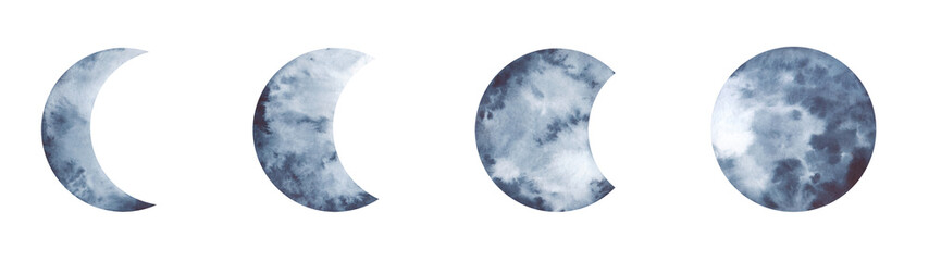 A set of watercolor moons in different phases isolated on a white background drawn by hand. Watercolor texture on gradient paper. An element for design and decoration. A new moon and a full moon.
