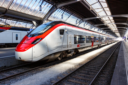 Passenger train type Giruno by Stadler Rail of SBB Schweizerische Bundesbahnen at main railway station in Zurich, Switzerland