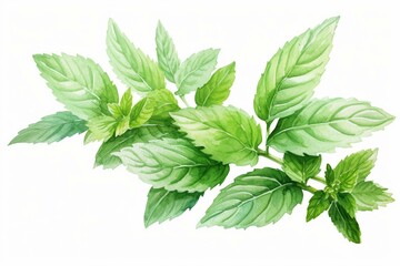 Watercolor illustration of fresh peppermint leaves and stems on a white background. Generative AI - obrazy, fototapety, plakaty
