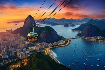 Bird's-eye view of Rio de Janeiro featuring Urca, Sugar Loaf cable car, and Corcovado mountain. Generative AI - obrazy, fototapety, plakaty