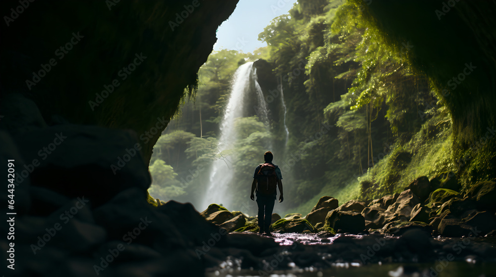 Wall mural Adventure travelers exploring amazing hidden waterfall in forest, Traveling along mountains and rain forest