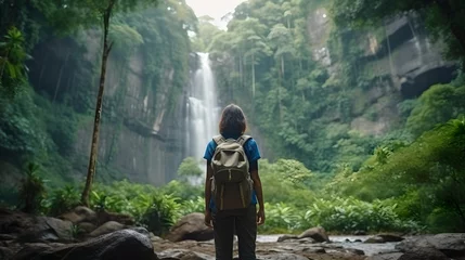  Adventure woman travelers exploring amazing hidden waterfall in forest, Traveling along mountains and rain forest © AspctStyle