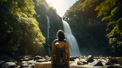 Adventure woman travelers exploring amazing hidden waterfall in forest, Traveling along mountains and rain forest