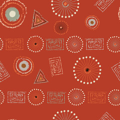 Graphic ornament of circles, triangles and rectangles on a terracotta-colored background.