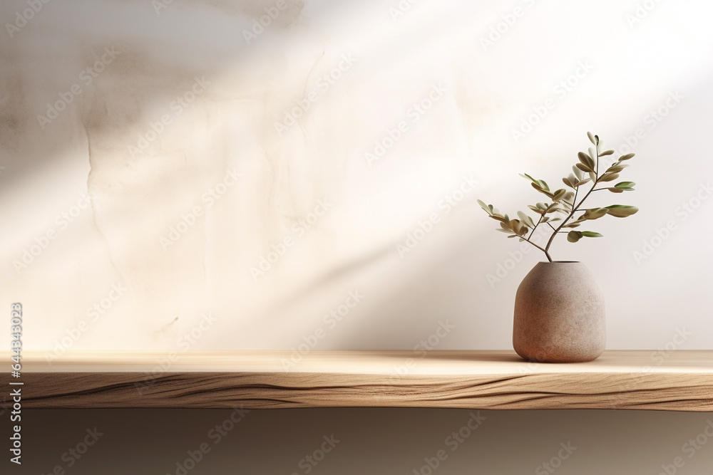 Poster close up of empty wooden table counter podium with stone white wall.minimal background for products 