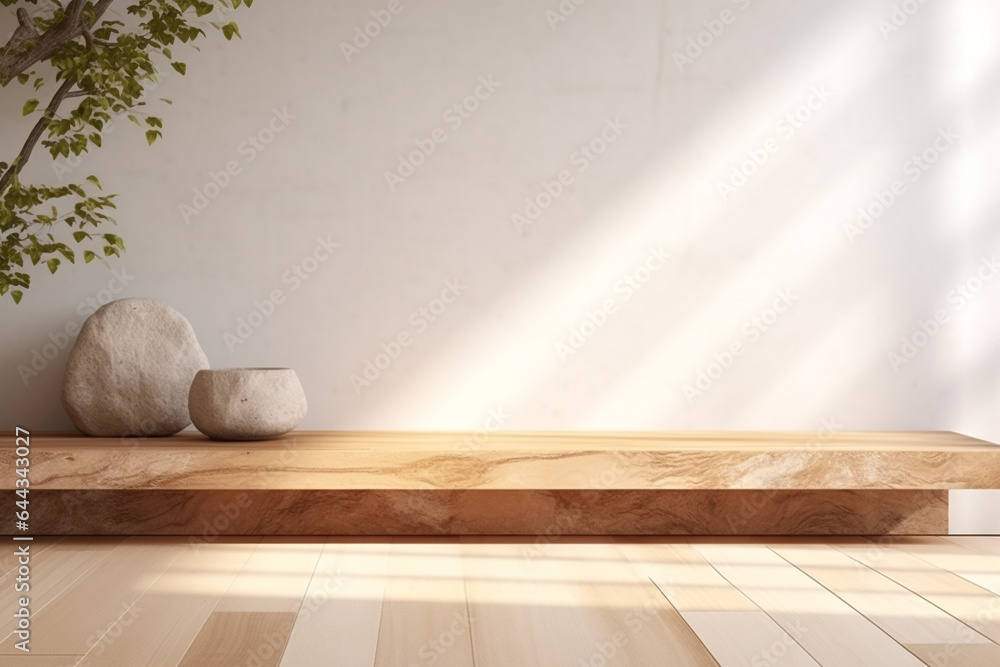 Aufkleber close up of empty wooden table counter podium with stone white wall.minimal background for products 