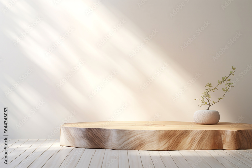 Poster close up of empty wooden table counter podium with stone white wall.minimal background for products 