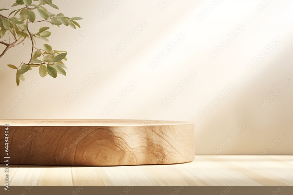 Poster close up of empty wooden table counter podium with stone white wall.minimal background for products 