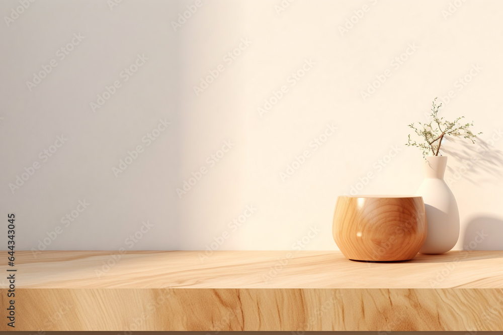 Poster close up of empty wooden table counter podium with stone white wall.minimal background for products 