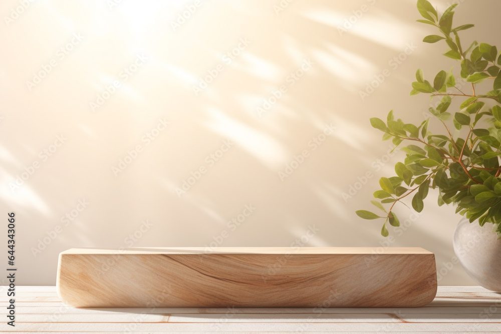 Aufkleber close up of empty wooden table counter podium with stone white wall.minimal background for products 