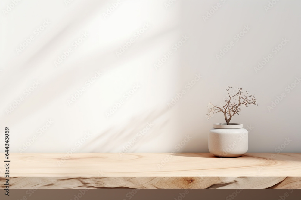 Poster close up of empty wooden table counter podium with stone white wall.minimal background for products 