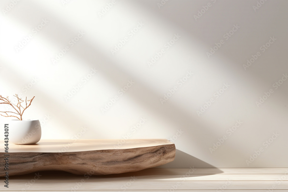 Aufkleber close up of empty wooden table counter podium with stone white wall.minimal background for products 