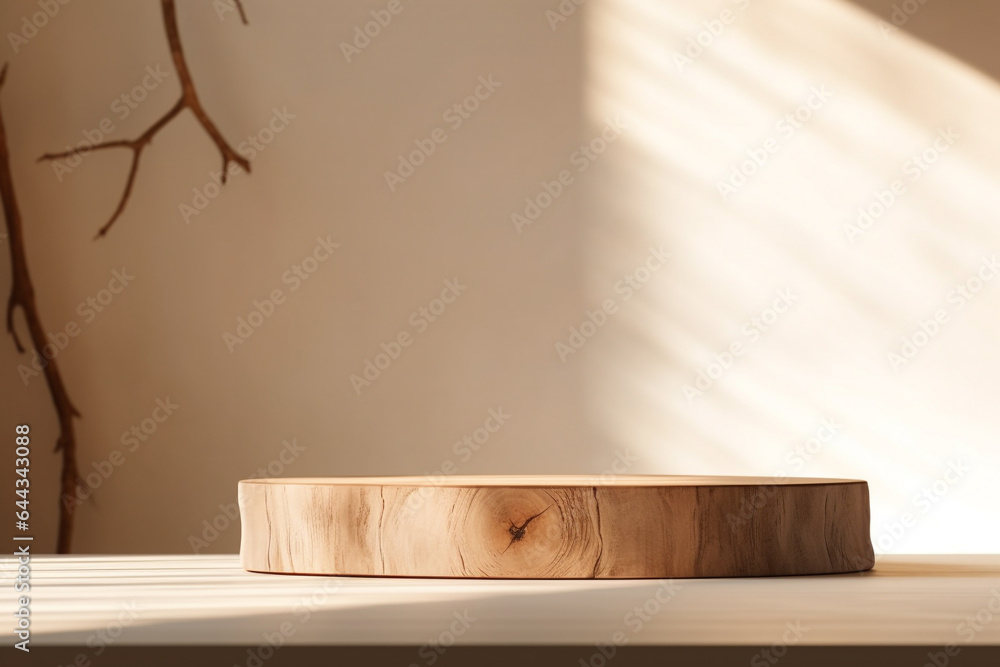 Poster close up of empty wooden table counter podium with stone white wall.minimal background for products 
