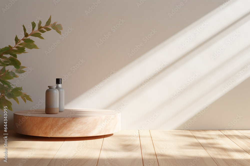 Poster close up of empty wooden table counter podium with stone white wall.minimal background for products 