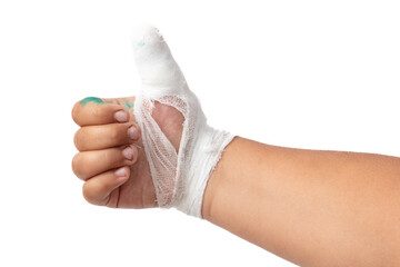 Bandaged finger on a hand isolated white background
