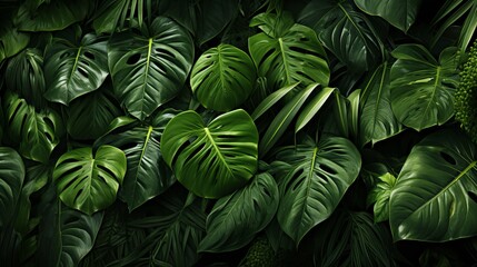 FASCINATING RAINFOREST: LUSH, GREEN FOLIAGE; FLOWERING PLANT LIFE; STUNNING NATURAL BEAUTY. TROPICAL RAINFOREST PATTERN TEXTURE WITH MONSTERA LEAVES.