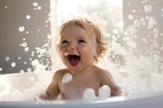 Cute baby having fun in bathtub plays with bubbles, happy baby taking a bath in the tub splashes water while bathing