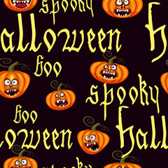 Happy Halloween seamless pattern with text, pumpkin, ghost, witcher. Hand drawn gothic letter, silhouette