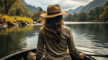 Foto op Canvas STYLISH WOMAN IN HAT SITS IN BOAT AT CALM LAKE REFLECTING BEAUTY OF NATURE. © senadesign