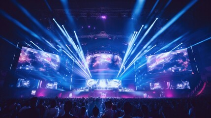 E-sports arena, filled with cheering fans and colorful LED lights. Players compete on a large stage in front of a massive screen. Big arena with many people, big stage, concert hall. - obrazy, fototapety, plakaty