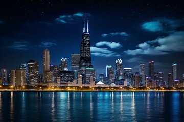 Chicago's skyline at night. Generative AI