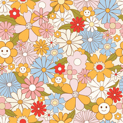 Retro 70s hippie vibrant seamless pattern with groovy flowers. Vintage character daisy flowers. Vector surface design for invitation, wrapping paper, packaging etc.