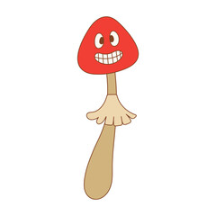 Retro 70s groovy mushroom character with face. Red hallucinogen amanita mushroom. Naive groovy isolated vector illustration.