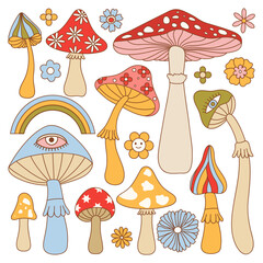 Set of 70s trippy hallucinogen  groovy mushrooms, rainbow and flowers. Hippie psychedelic fly agaric fungus pack. Naive groovy hippie isolated vector illustration.