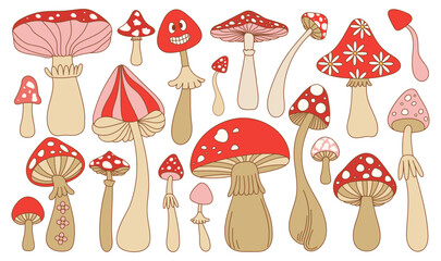 Set of various trippy 70s groovy mushrooms. Hippie psychedelic fly agaric fungus pack. Naive groovy hippie isolated vector illustration.